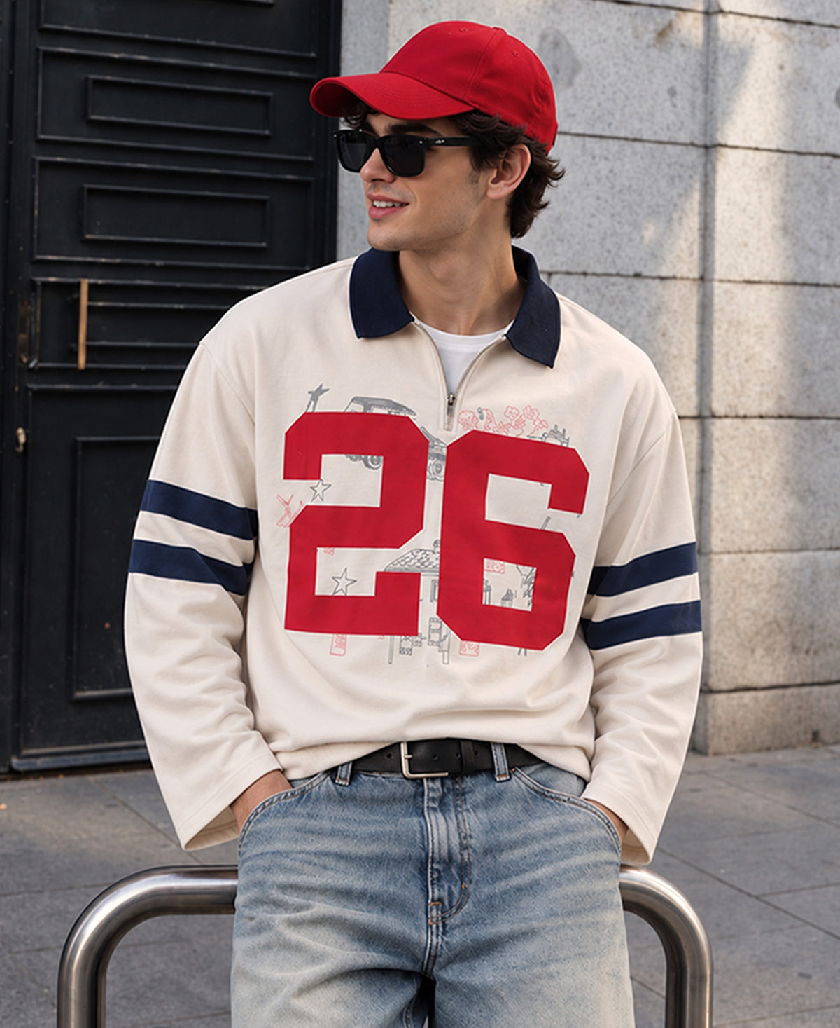 Cream Printed Zipper T-Shirt 100% Cotton