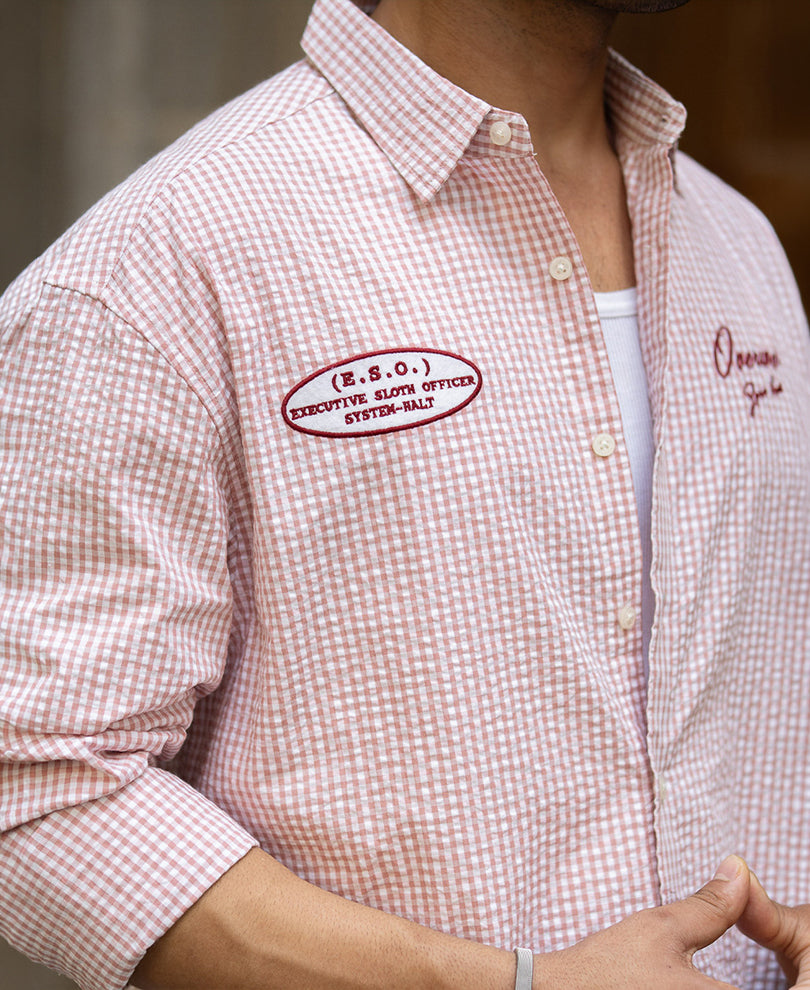 Peach Embroidered Seersucker Check Shirt 100% Cotton