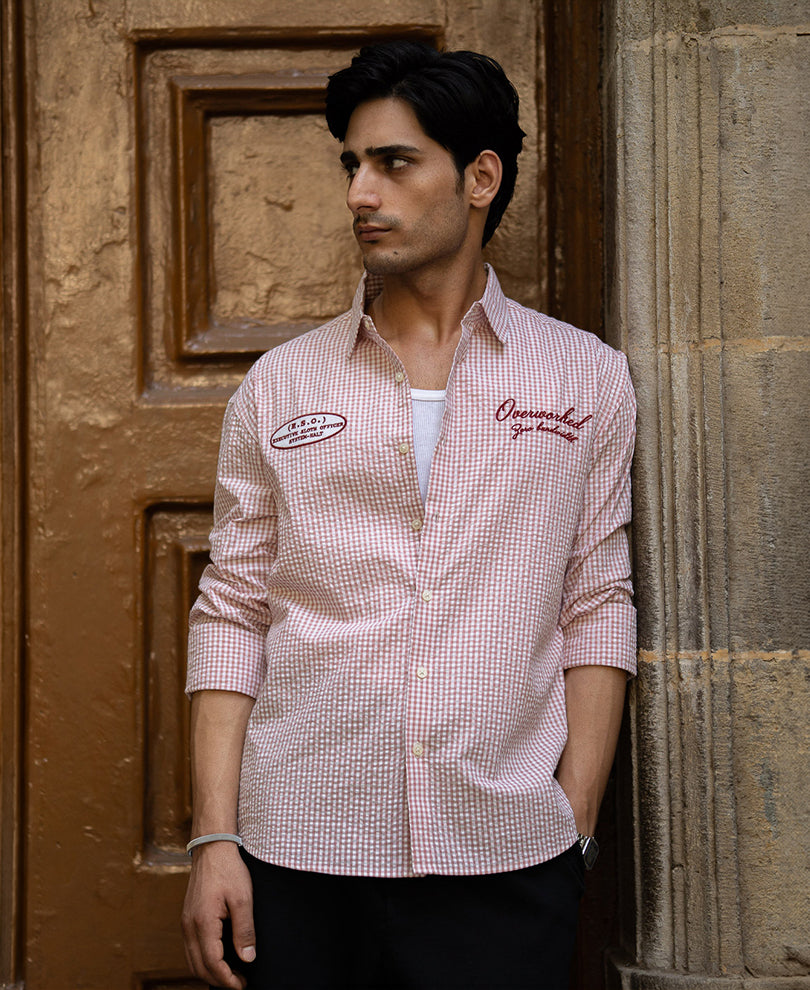 Peach Embroidered Seersucker Check Shirt 100% Cotton