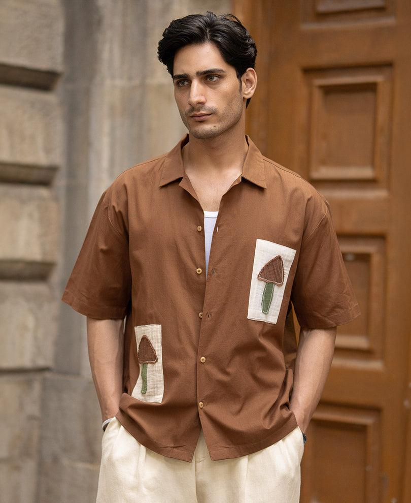 Brown Applique Embroidery Shirt 100% Cotton