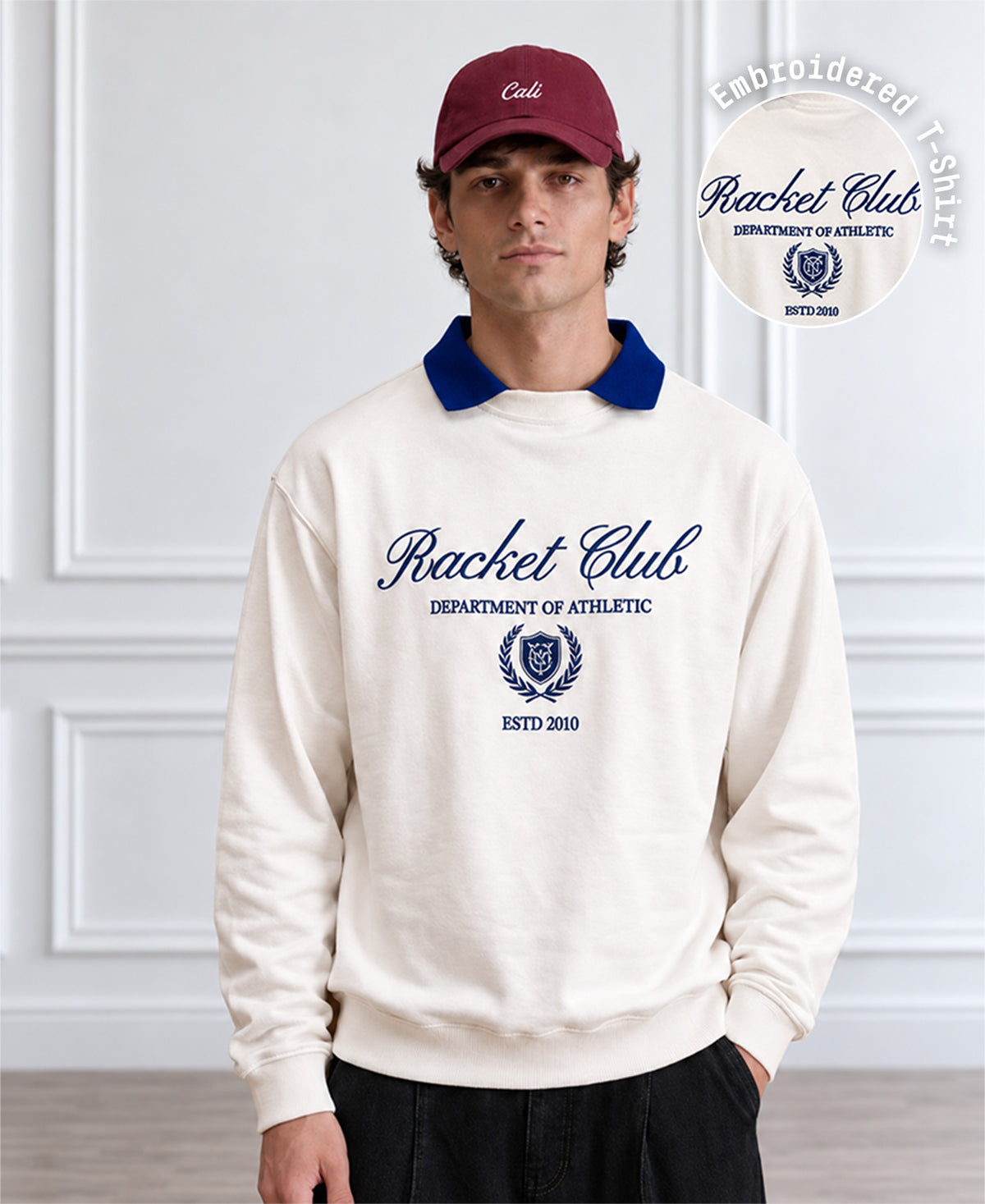White Contrast Collar Embroidered T-Shirt 100% Cotton