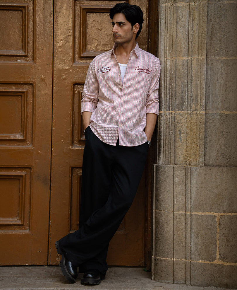 Peach Embroidered Seersucker Check Shirt 100% Cotton