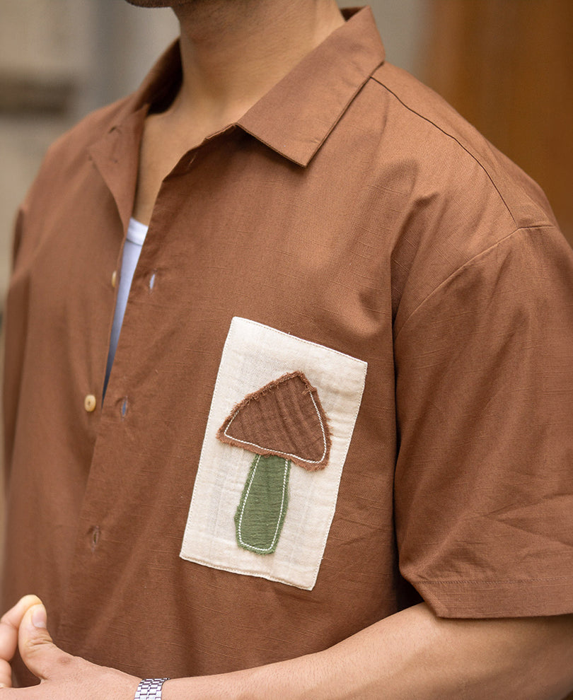 Brown Applique Embroidery Shirt 100% Cotton