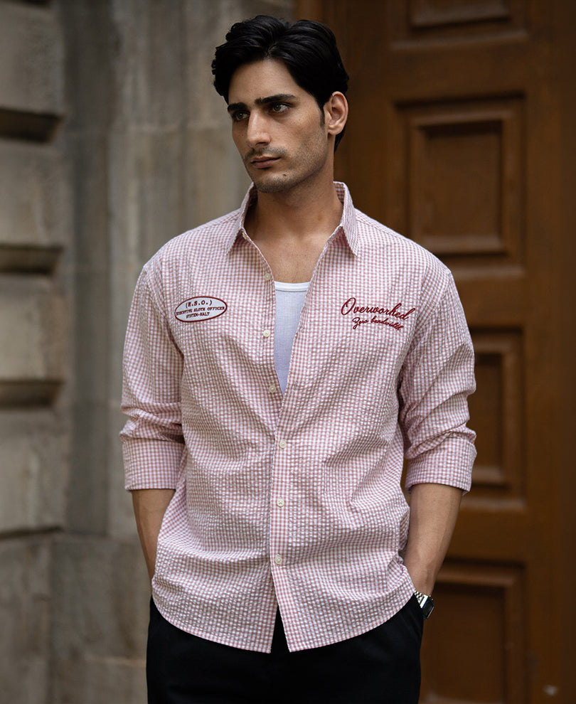 Peach Embroidered Seersucker Check Shirt 100% Cotton