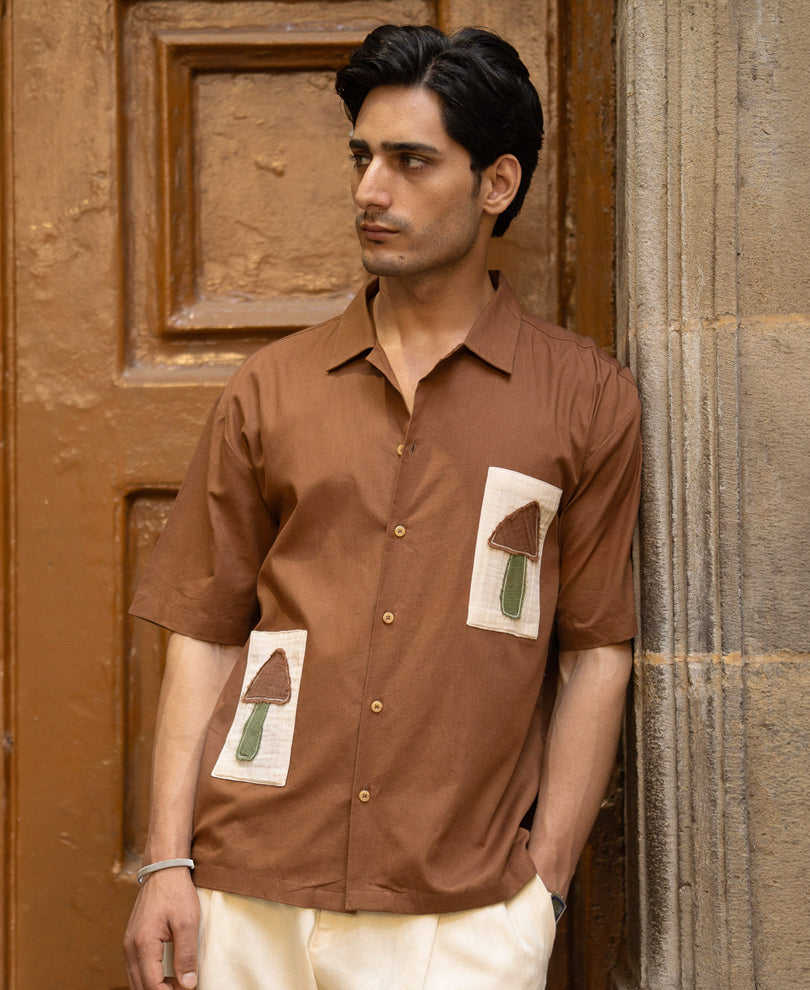 Brown Applique Embroidery Shirt 100% Cotton