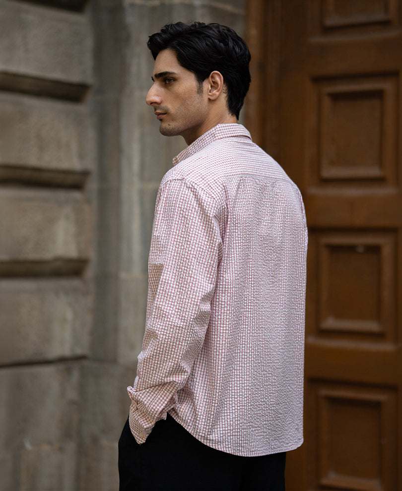Peach Embroidered Seersucker Check Shirt 100% Cotton