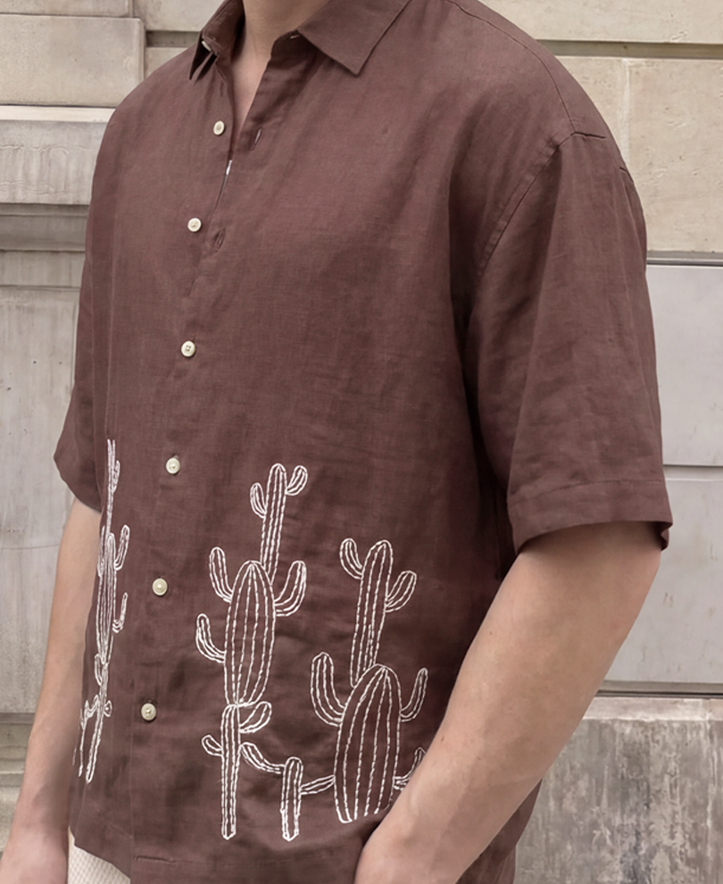 Brown Linen Blend Embroidery Shirt