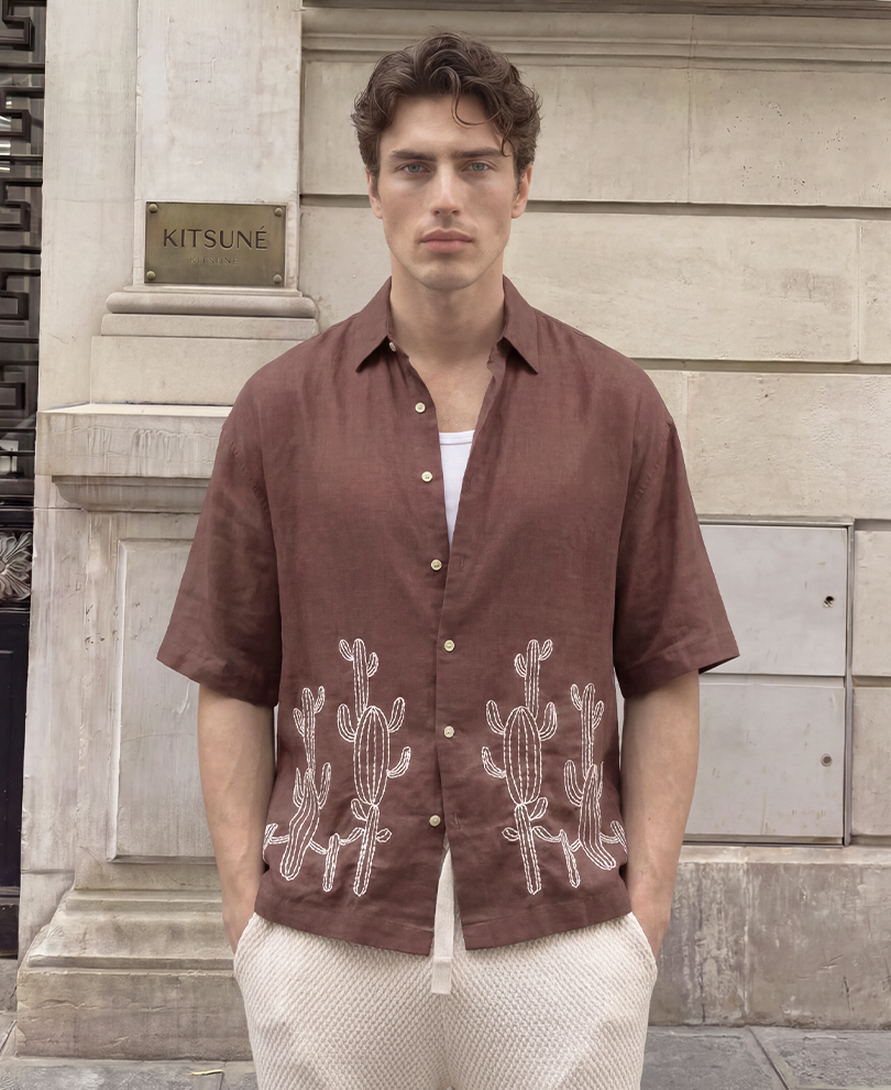 Brown Linen Blend Embroidery Shirt