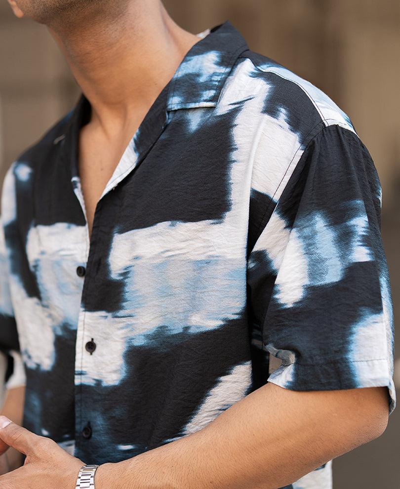 Black Abstract Cuban Printed Oversized Half Sleeves Shirt.