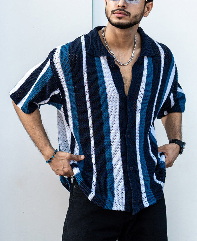 Multicolor Crochet Knit Striped Oversize Drop Shoulder Shirt.