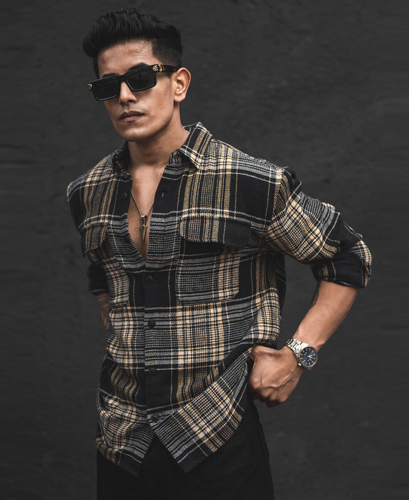 Black Structured Checks Shacket Oversized Shirt.