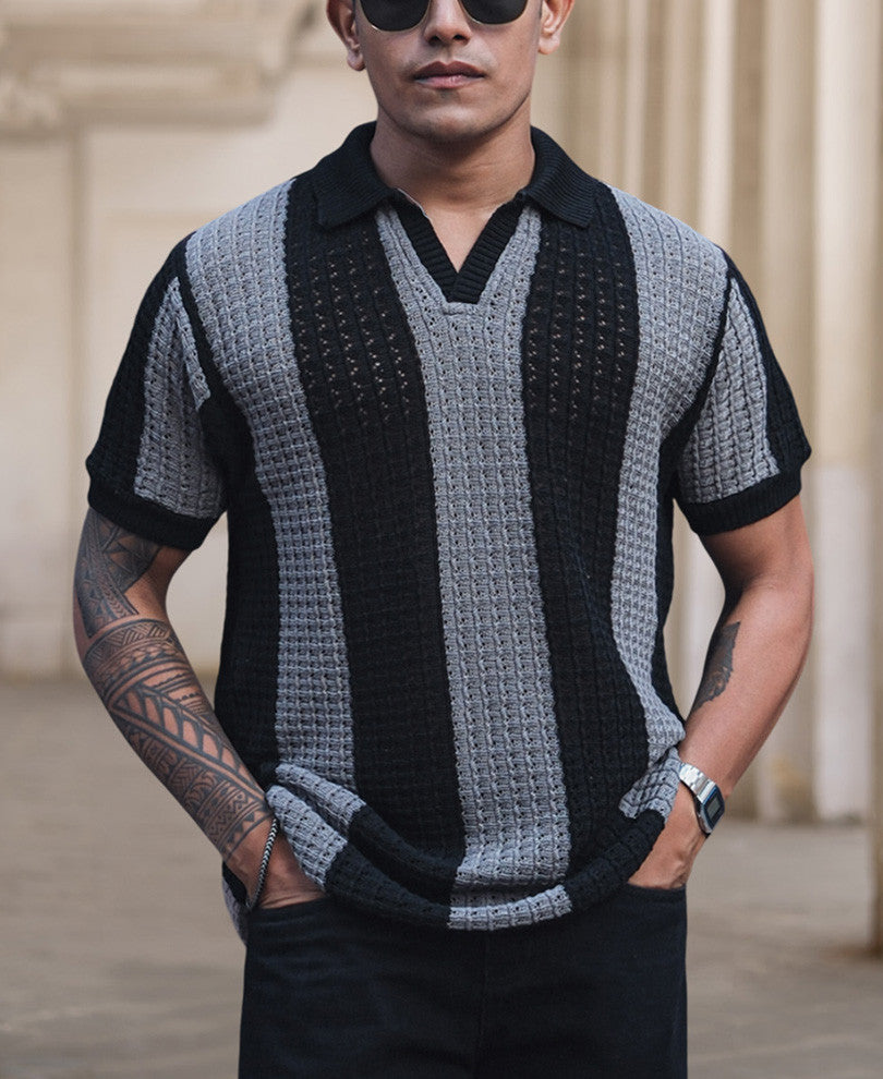 Black and Grey Crochet Striped Reglular Half Sleeves T Shirt.