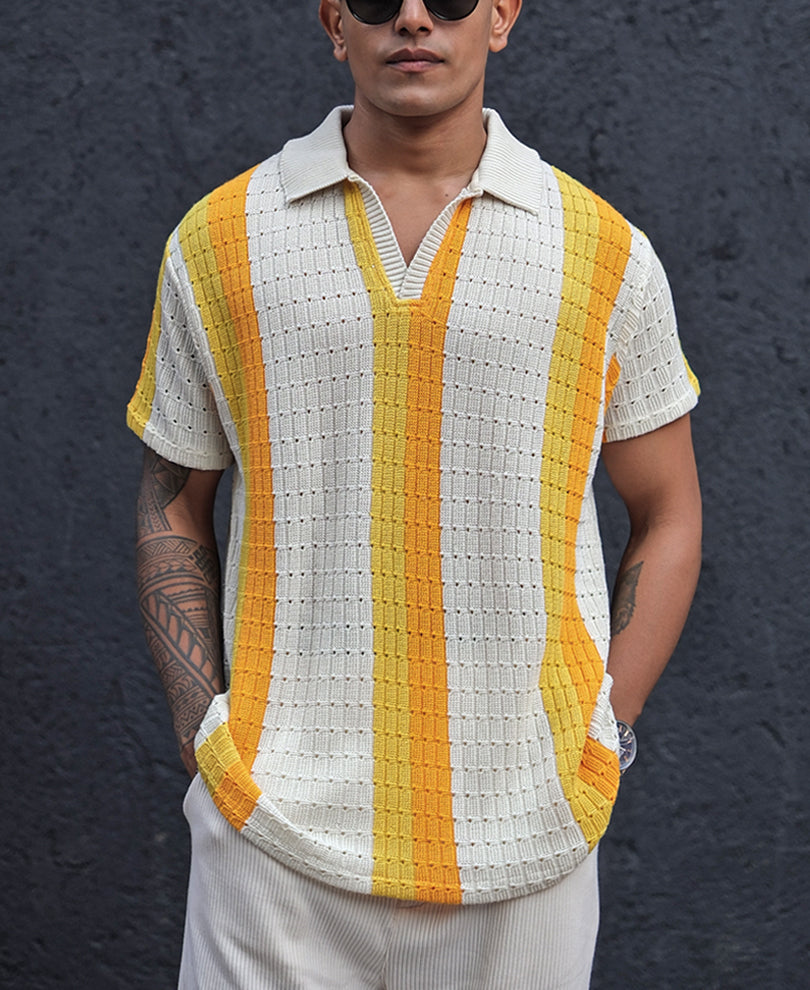 White and Yellow Crochet Striped Half Sleeves T Shirt.