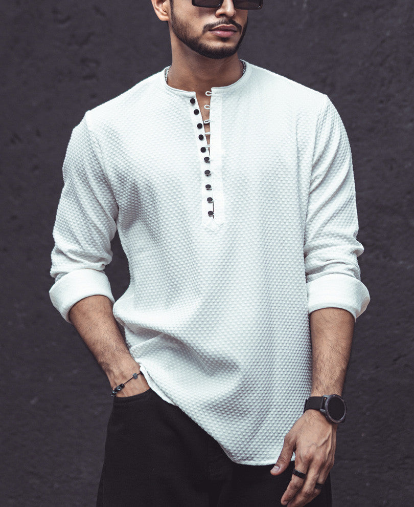 White Textured Kurta Style Shirt.