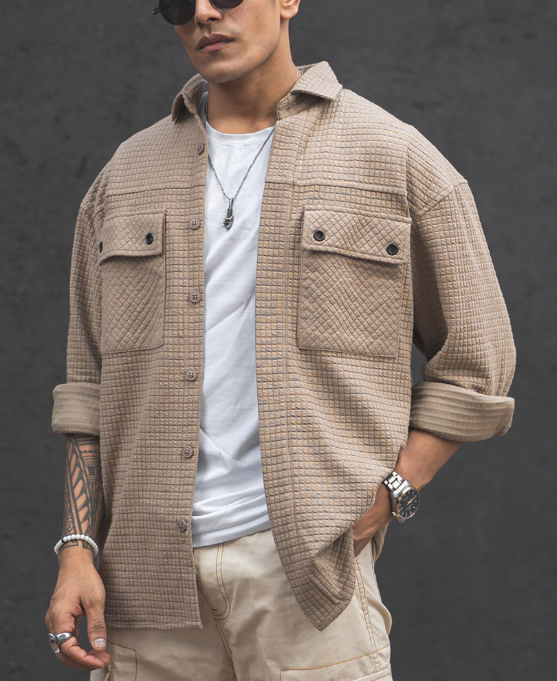 Camel Structured Double Pockets Shacket Oversized Shirt.