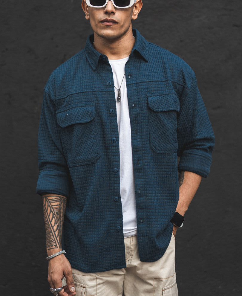 Teal Blue Structured Knit Shacket Oversized Shirt.