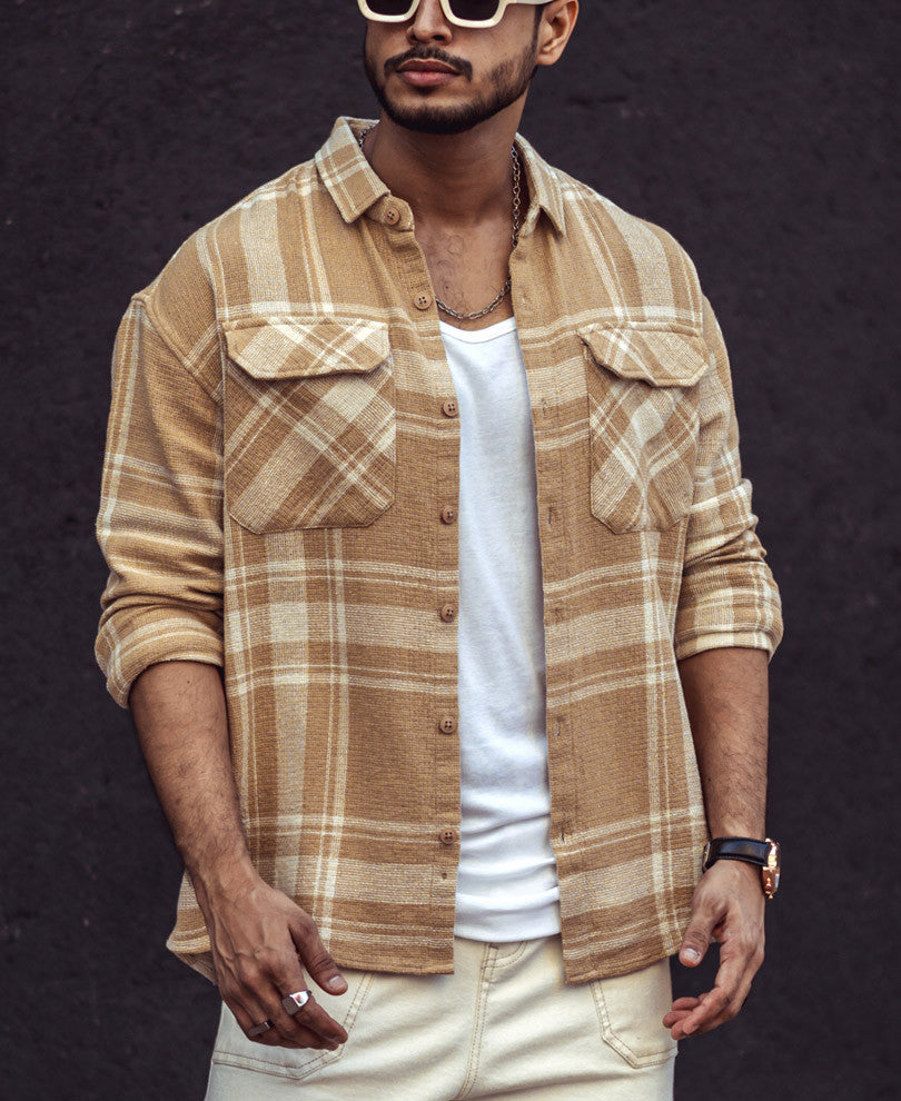 Beige and White Checks Oversize Drop Shoulder Shirt.