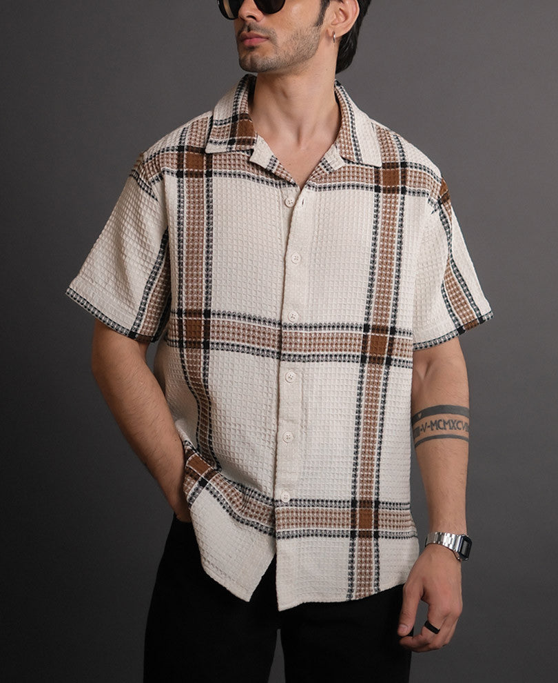 Off White and Brown Structured Checks Half Sleeves Shirt.