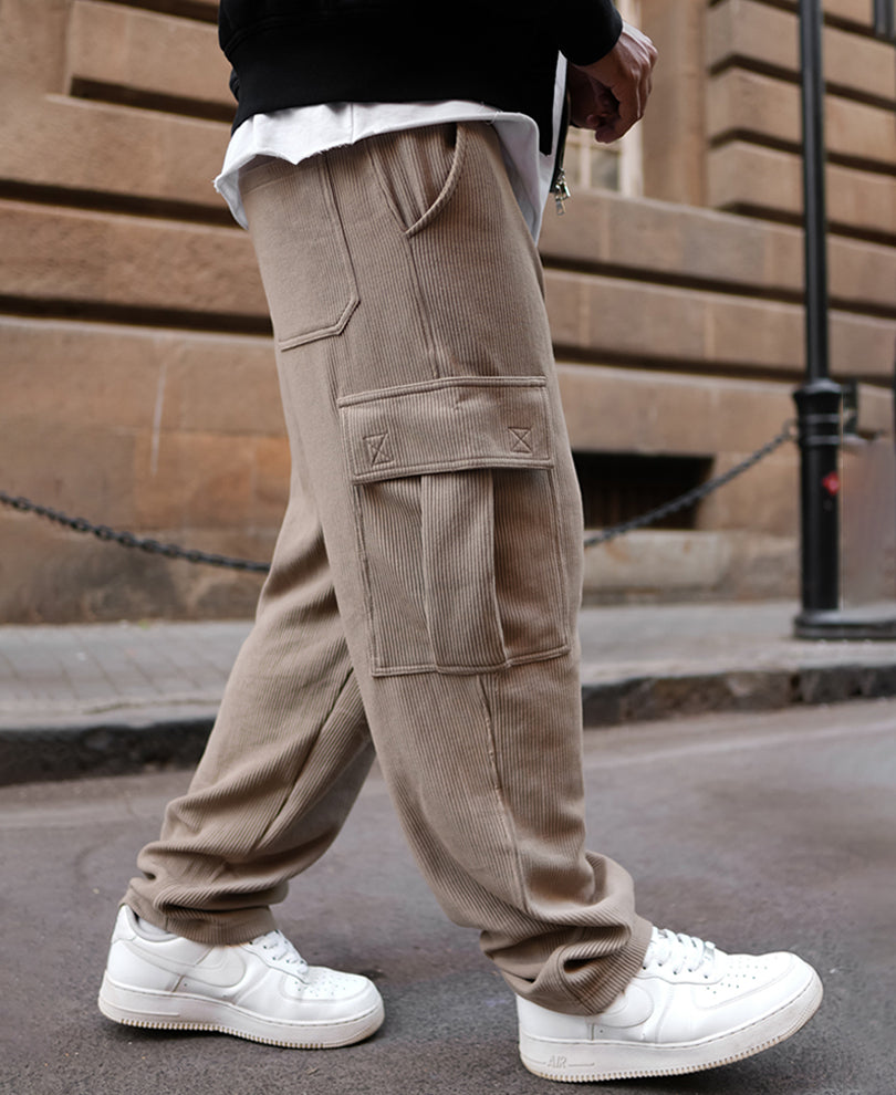 Beige Cargo Pocket Baggy Fit Track Pant.