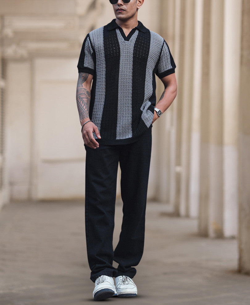 Black and Grey Crochet Striped Reglular Half Sleeves T Shirt.