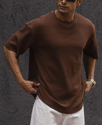 Brown Structured Oversized Half Sleeves T Shirt