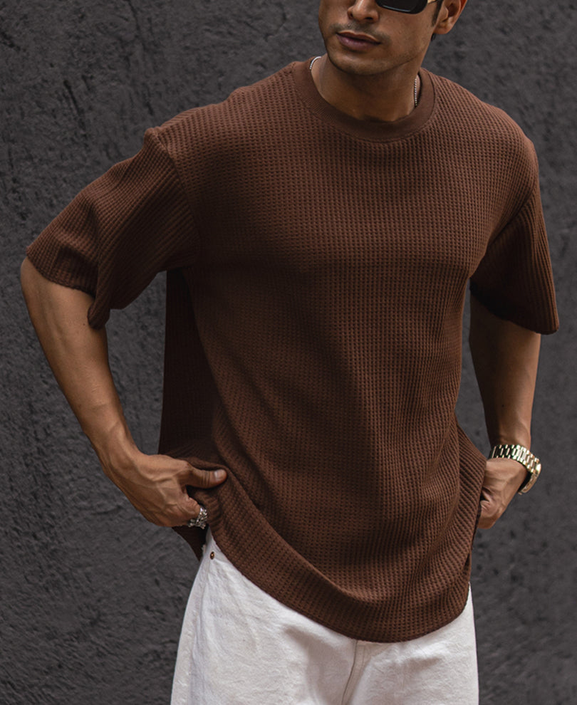 Brown Structured Oversized Half Sleeves T Shirt.