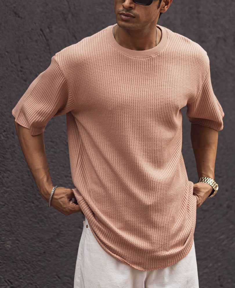 Peach Structured Oversized Half Sleeves T Shirt.