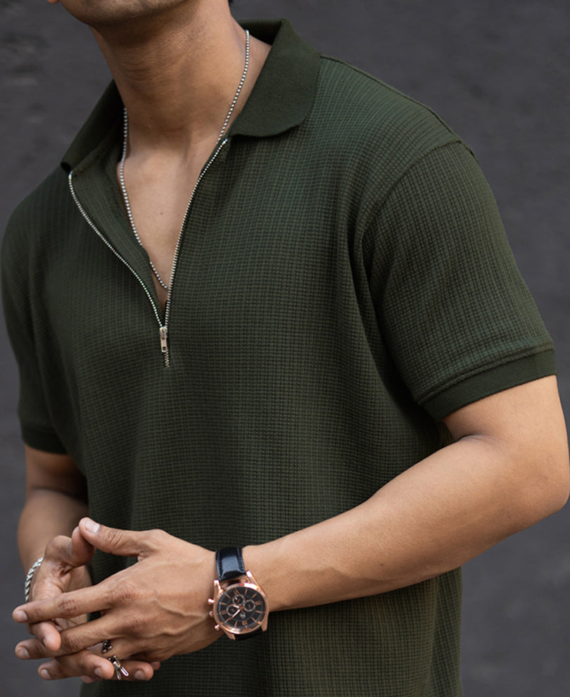 Dark Green Structured Half Sleeves Zipper T Shirt.