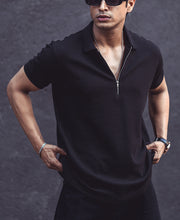 Black Structured Half Sleeves Zipper T Shirt.