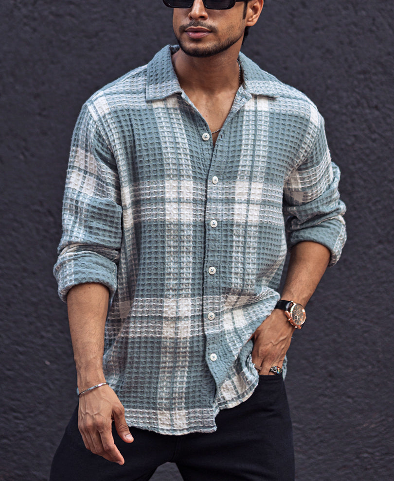 Sky Grey Waffle Checked Regular fit Full Sleeves Shirt.