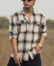 Cream Checked Structured Oversize Drop Shoulder Shirt.