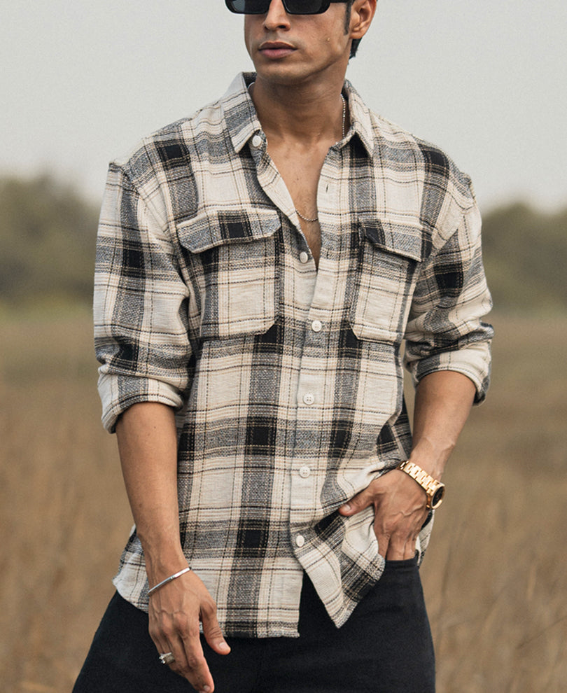 Cream Checked Structured Oversize Drop Shoulder Shirt.