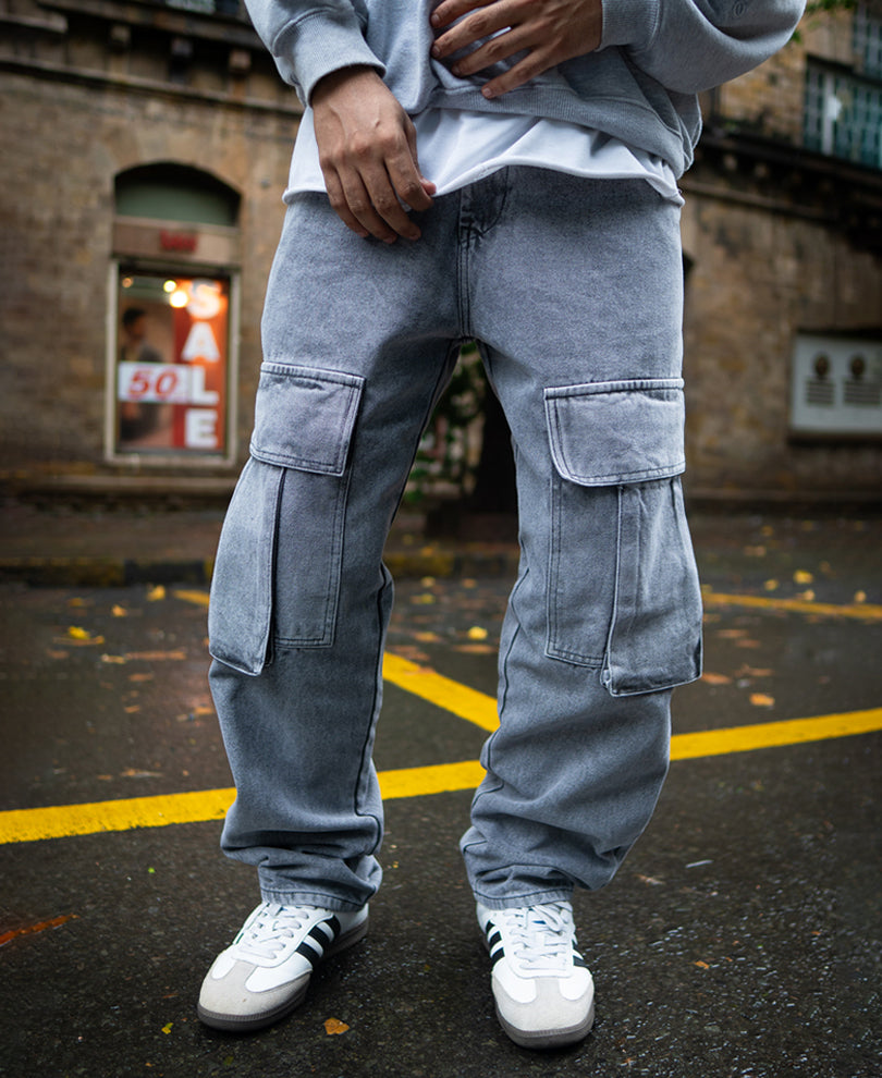 Charcoal Grey Baggy Fit Denim Jeans with Cargo Pockets.