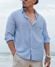 Blue and White Regular fit Striped Full Sleeves Shirt.
