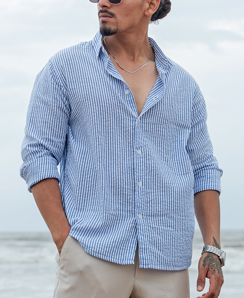 Blue and White Regular fit Striped Full Sleeves Shirt.