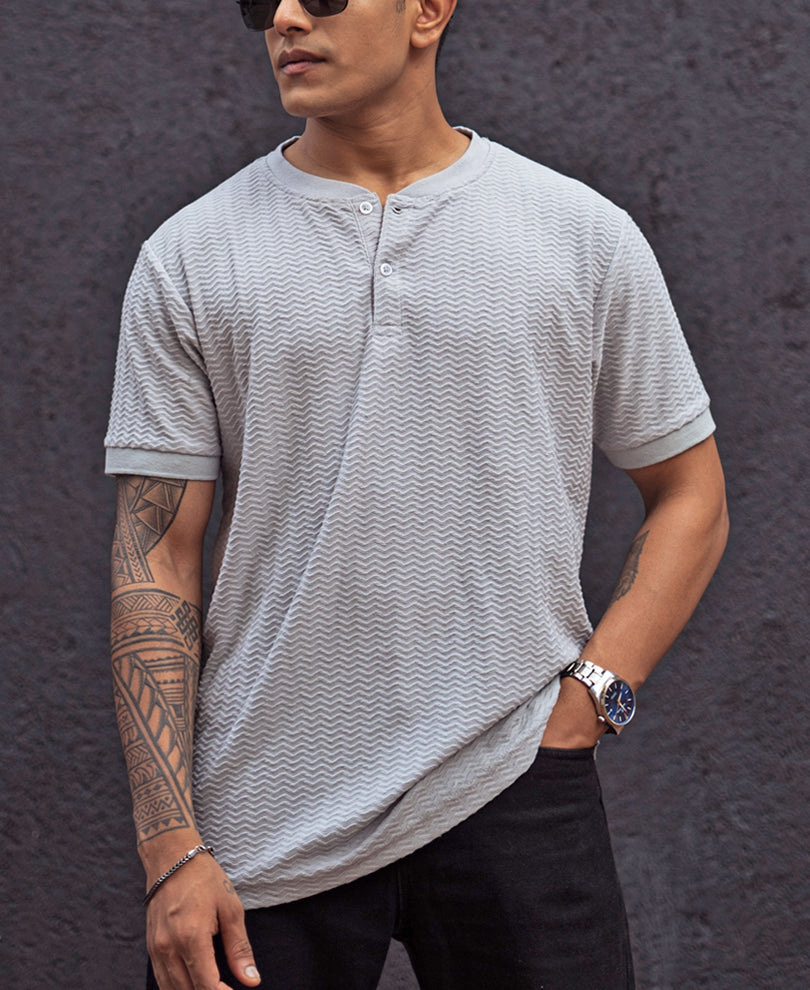 Grey Structured Regular Fit Half Sleeves T Shirt.