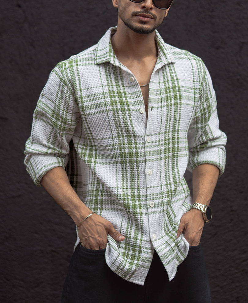 Light Green Waffle Checks Regular Fit Full Sleeves Shirt.