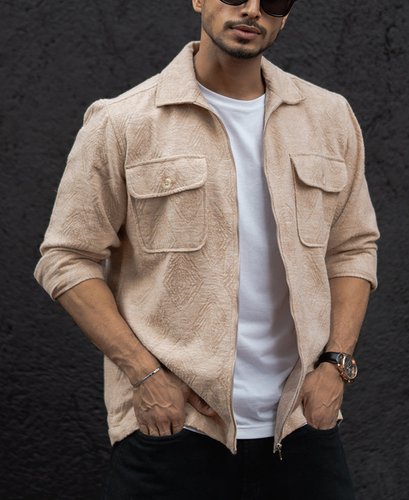 Dark Fawn Regular Fit Full Sleeves Shirt With Zip.