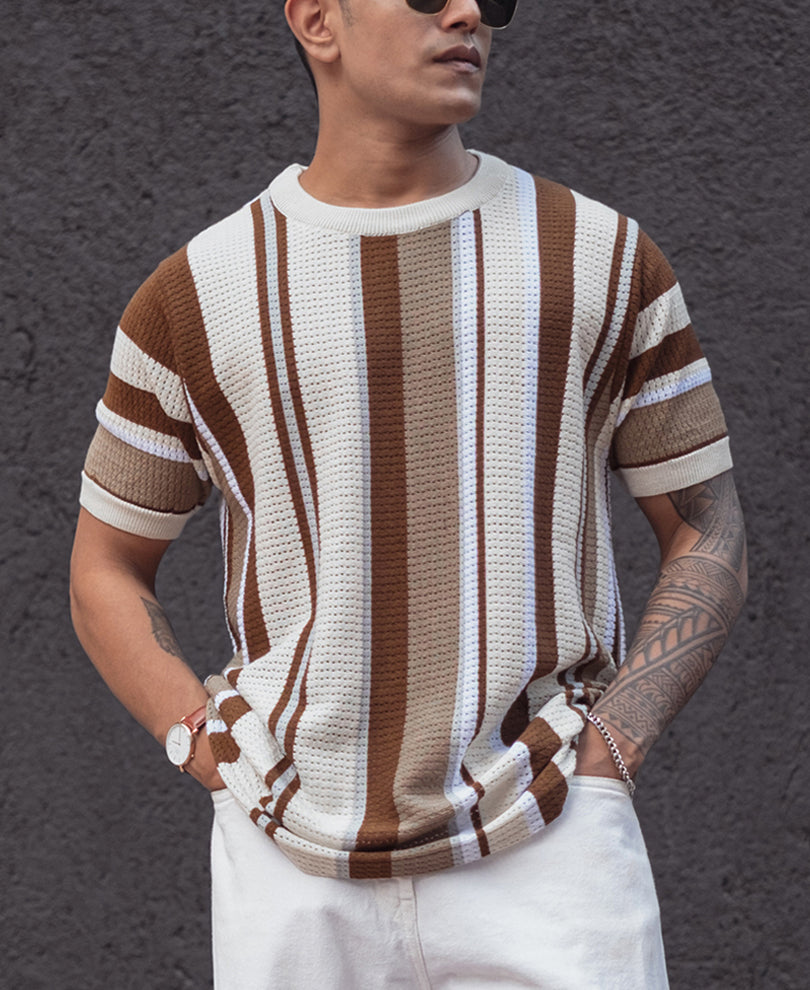 Multicolor Regular Fit Striped Half Sleeves T Shirt.