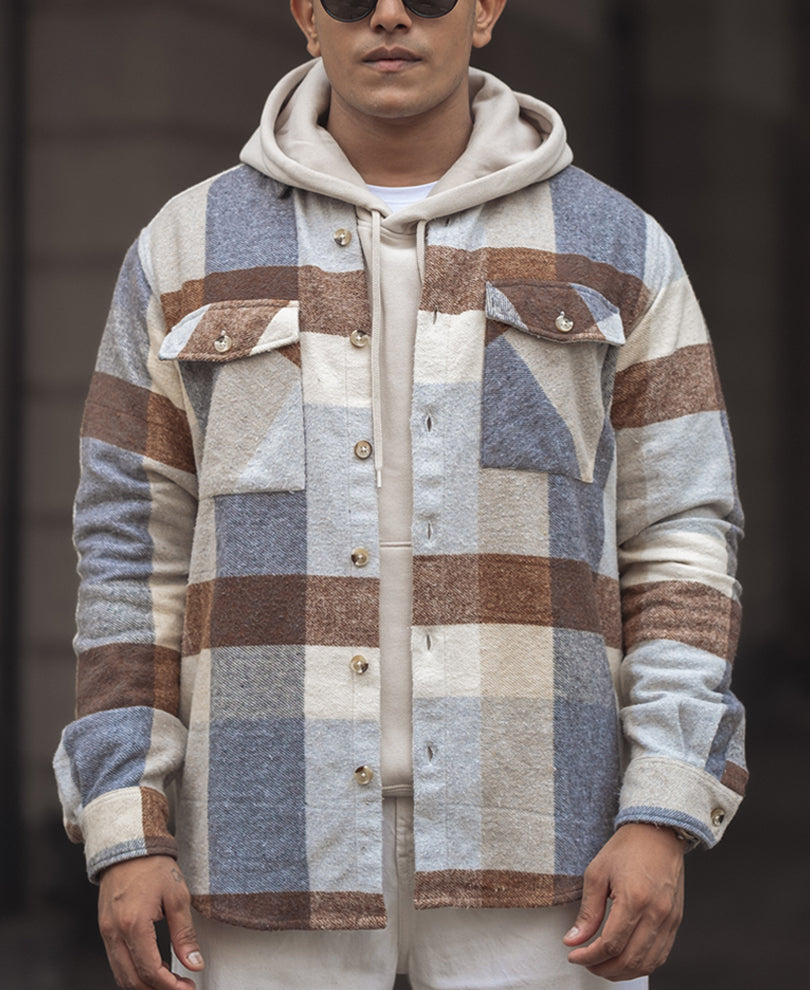Beige Regular Fit Full Sleeve Shirt With Double Flap Pocket.