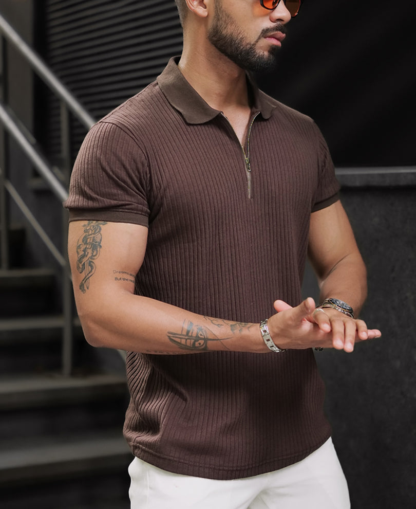 Dark Brown Regular Fit Half Sleeves Tshirt.