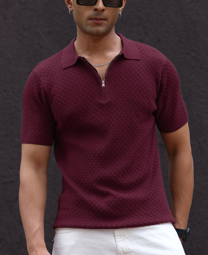 Wine Knitted Regular Fit Half Sleeves T-Shirt.