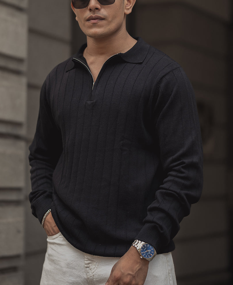 Black Knitted Regular Fit Full Sleeves T Shirt.