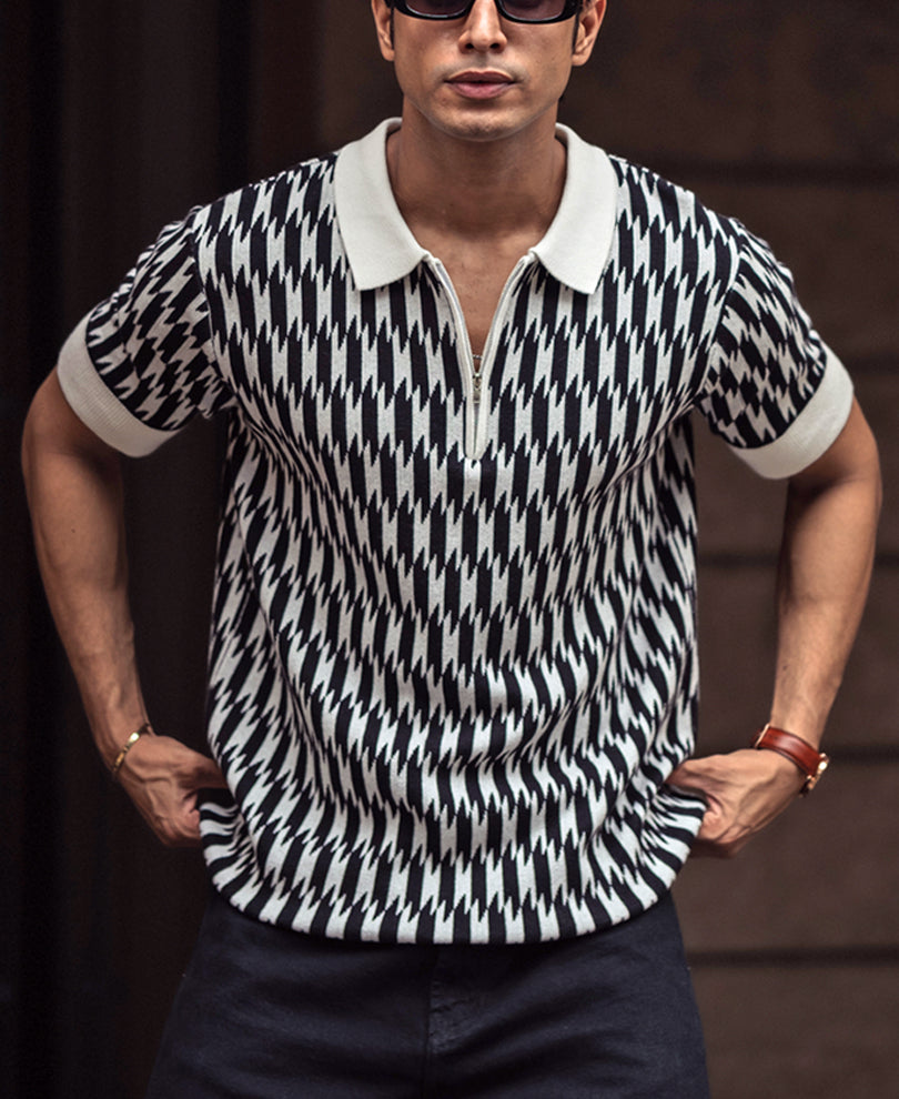 White and Black Knitted Regular Fit Half Sleeves Zipper T Shirt.