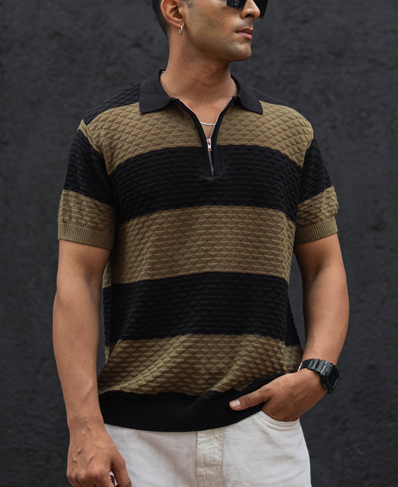 Olive Green and Black Structured Striped Regular Half Sleeves T Shirt.