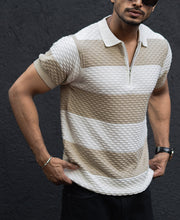 Off White Structured Striped Regular Half Sleeves T Shirt.