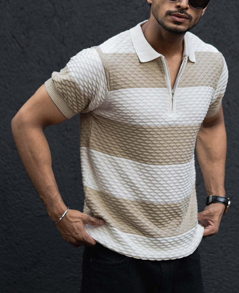 Off White Structured Striped Regular Half Sleeves T Shirt.