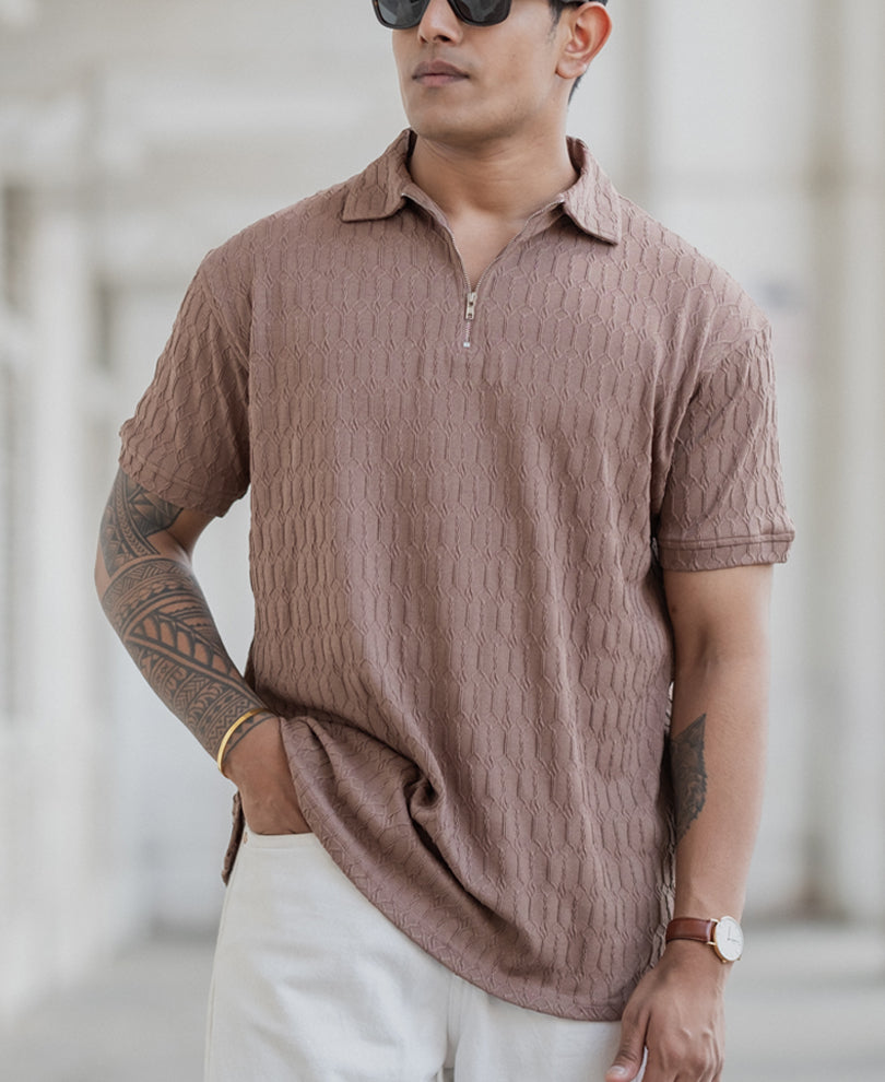 Dusty Brown Textured Polo T-Shirt.