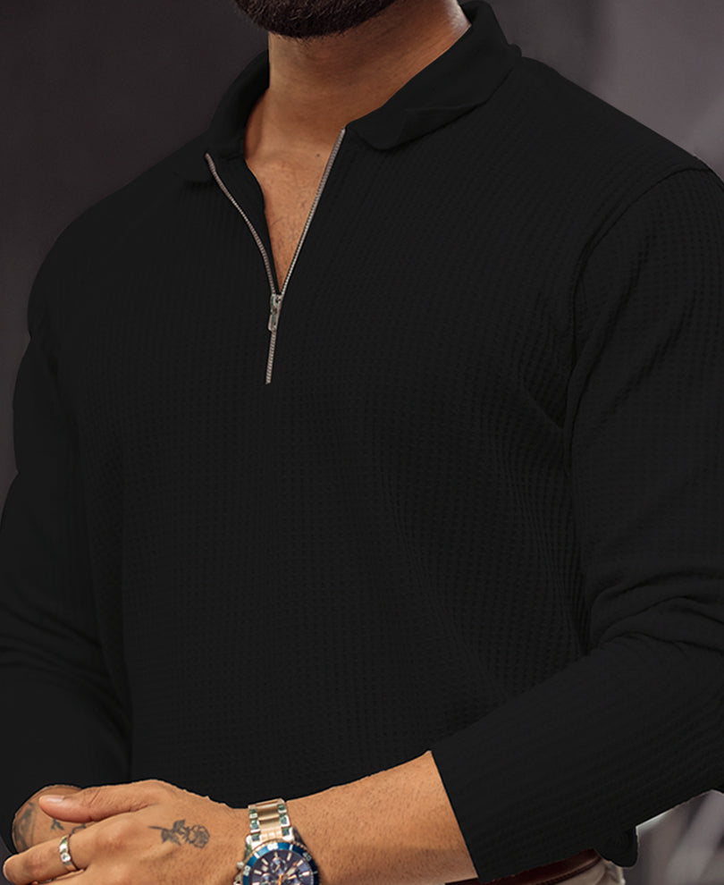 Black Regular Fit Full Sleeves Collar Neck T-Shirt With Chain.