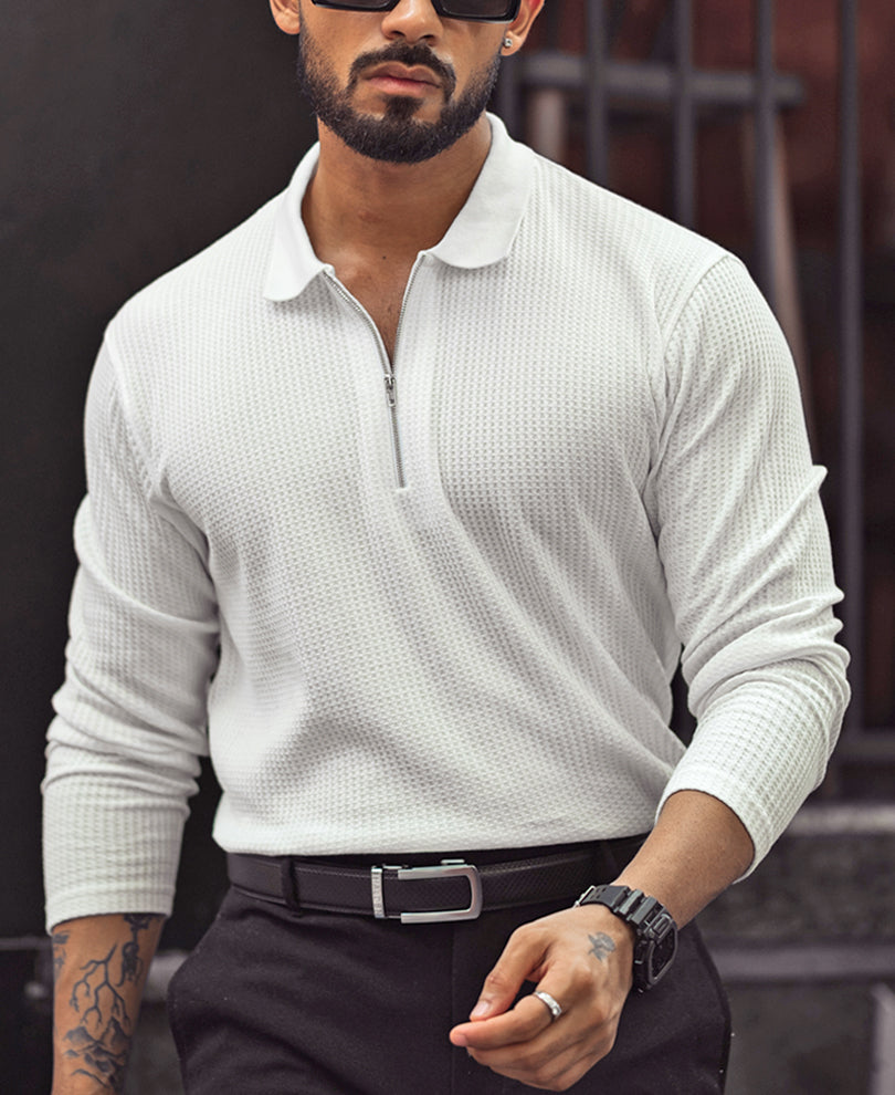 White Waffle Design Regular Fit Full Sleeve T-Shirt with Zipper.